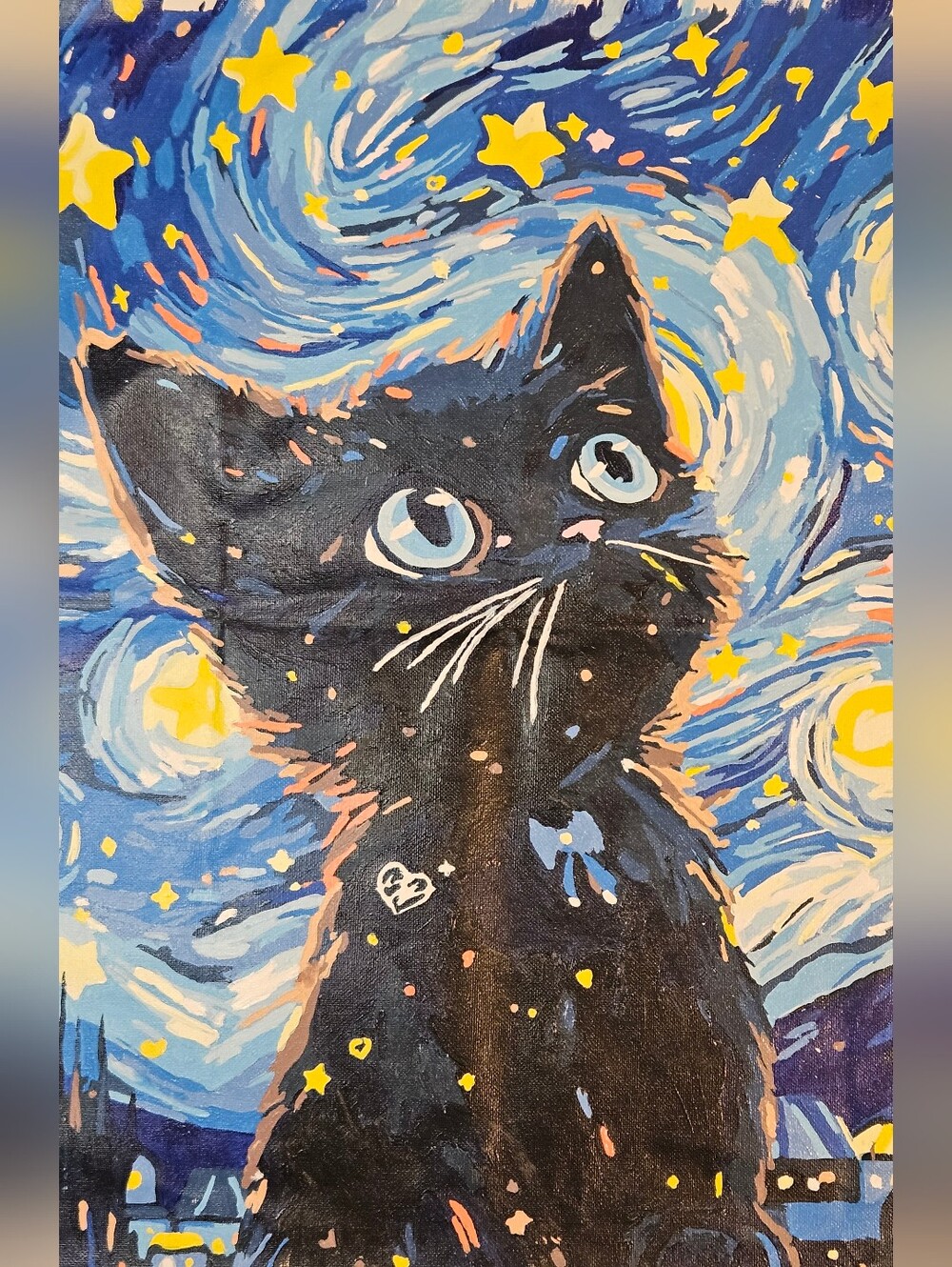 Starry Sky Black Cat Acrylic On Canvas Original Painting